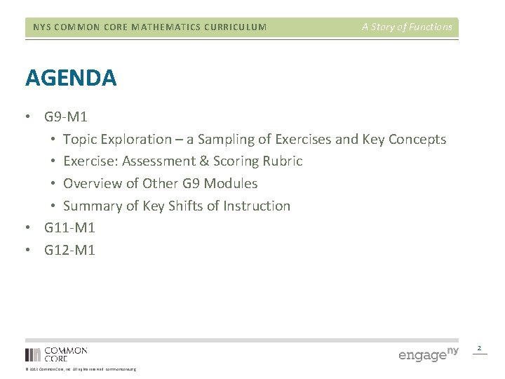 NYS COMMON CORE MATHEMATICS CURRICULUM A Story of Functions AGENDA • G 9 -M