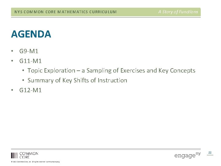 NYS COMMON CORE MATHEMATICS CURRICULUM A Story of Functions AGENDA • G 9 -M