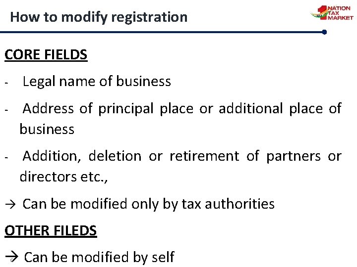 How to modify registration CORE FIELDS - Legal name of business - Address of