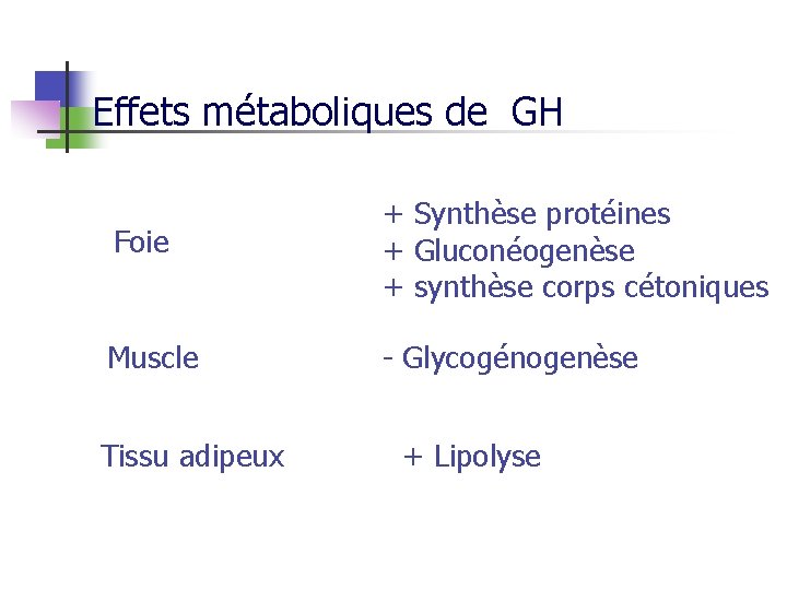 Effets métaboliques de GH Foie + Synthèse protéines + Gluconéogenèse + synthèse corps cétoniques