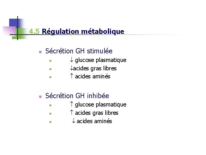 4. 5 Régulation métabolique n Sécrétion GH stimulée n n glucose plasmatique acides gras