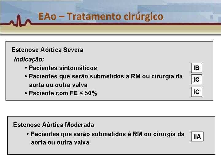 EAo – Tratamento cirúrgico Estenose Aórtica Severa Indicação: • Pacientes sintomáticos • Pacientes que EAo – Tratamento cirúrgico Estenose Aórtica Severa Indicação: • Pacientes sintomáticos • Pacientes que