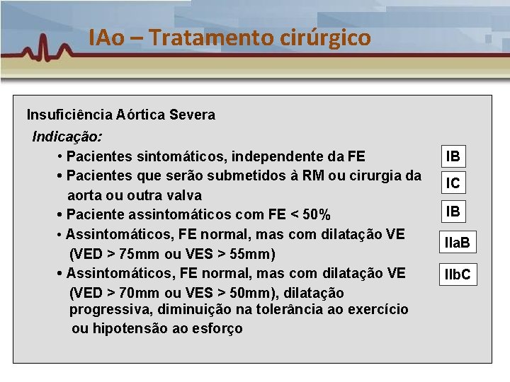 IAo – Tratamento cirúrgico Insuficiência Aórtica Severa Indicação: • Pacientes sintomáticos, independente da FE IAo – Tratamento cirúrgico Insuficiência Aórtica Severa Indicação: • Pacientes sintomáticos, independente da FE