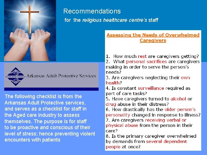 Recommendations for the religious healthcare centre’s staff Overview The following checklist is from the