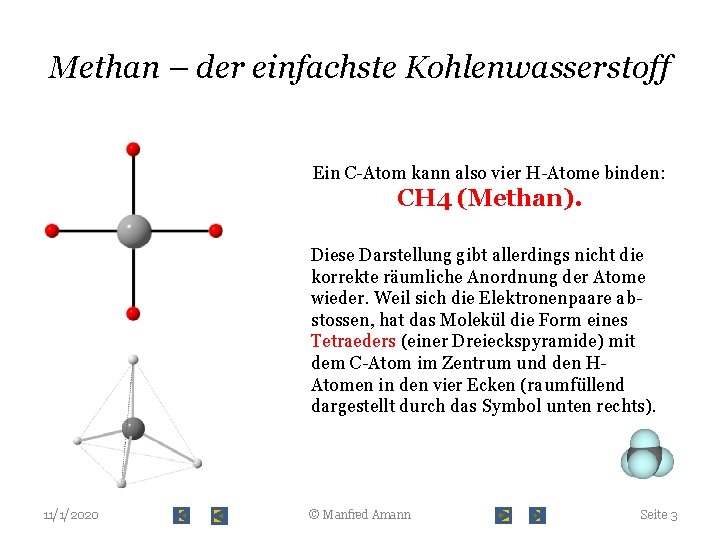 Methan – der einfachste Kohlenwasserstoff Ein C-Atom kann also vier H-Atome binden: CH 4