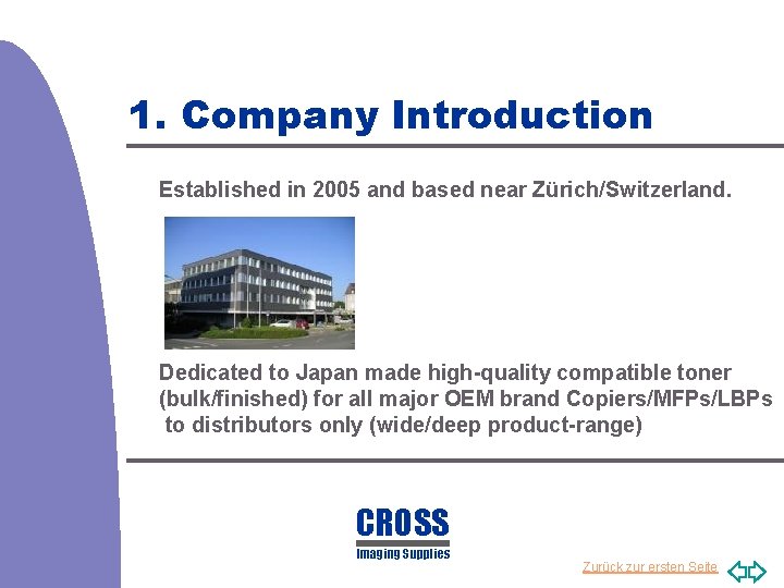 1. Company Introduction Established in 2005 and based near Zürich/Switzerland. Dedicated to Japan made