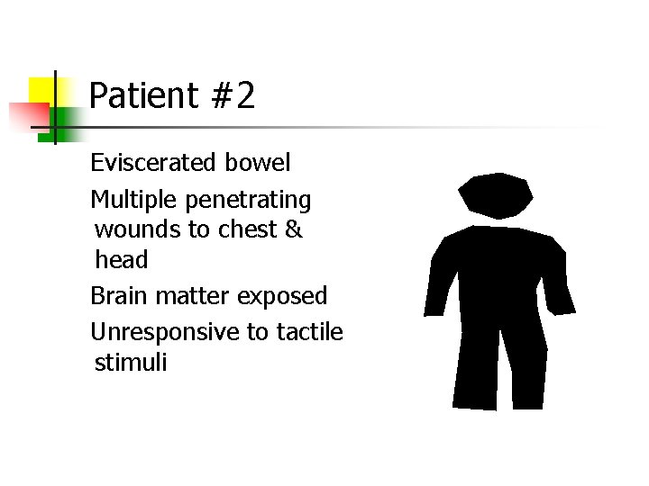 Patient #2 Eviscerated bowel Multiple penetrating wounds to chest & head Brain matter exposed
