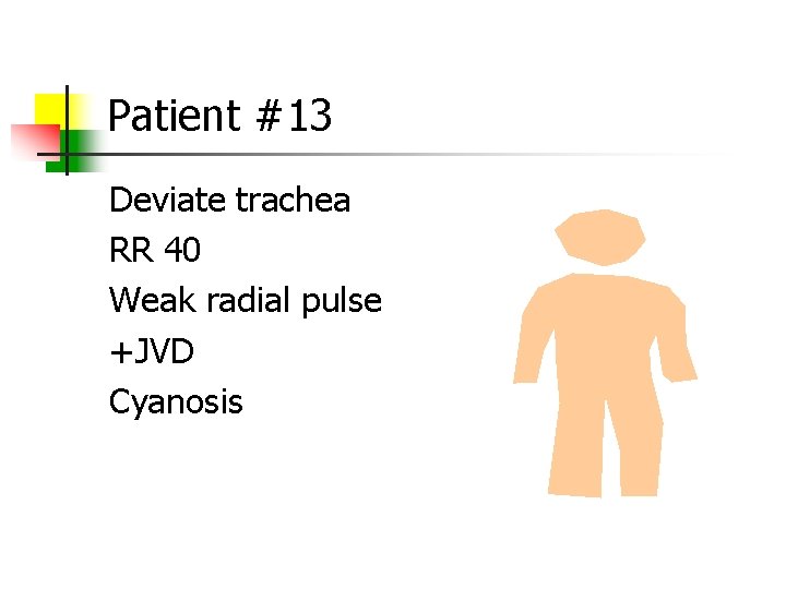 Patient #13 Deviate trachea RR 40 Weak radial pulse +JVD Cyanosis 