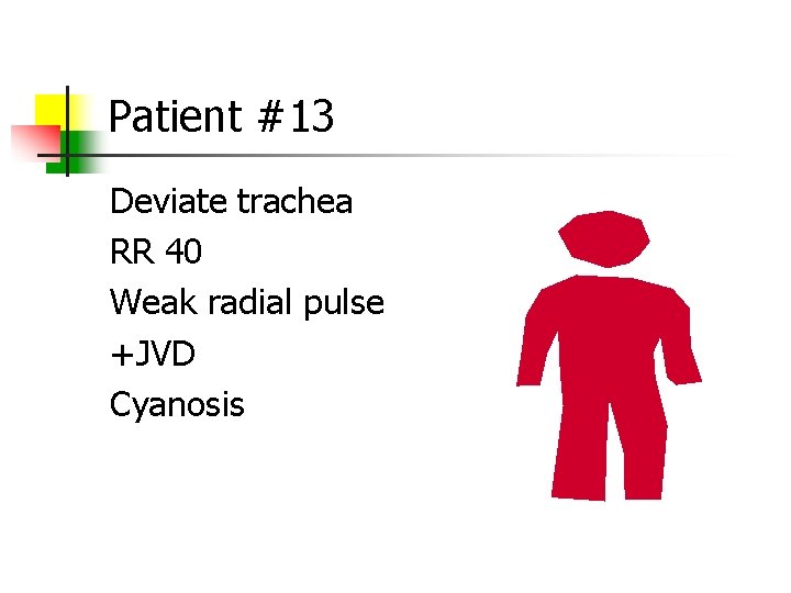Patient #13 Deviate trachea RR 40 Weak radial pulse +JVD Cyanosis 