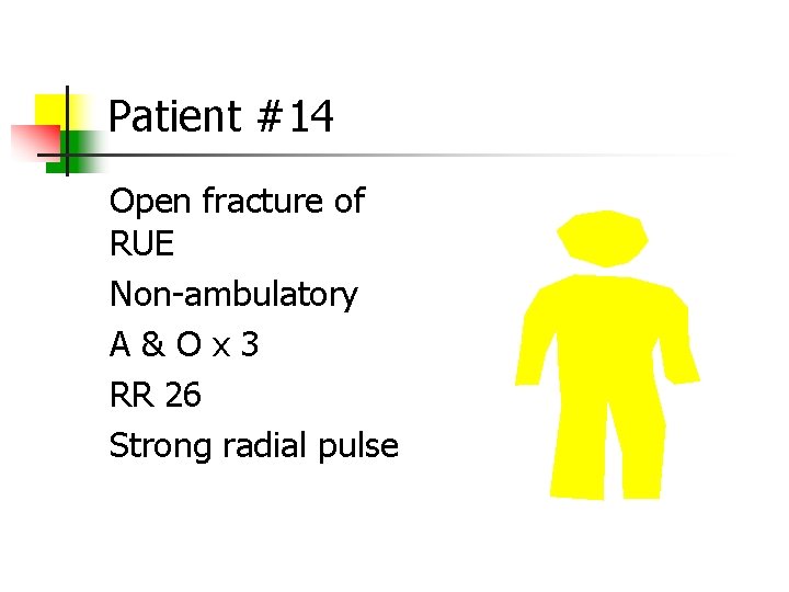 Patient #14 Open fracture of RUE Non-ambulatory A&Ox 3 RR 26 Strong radial pulse