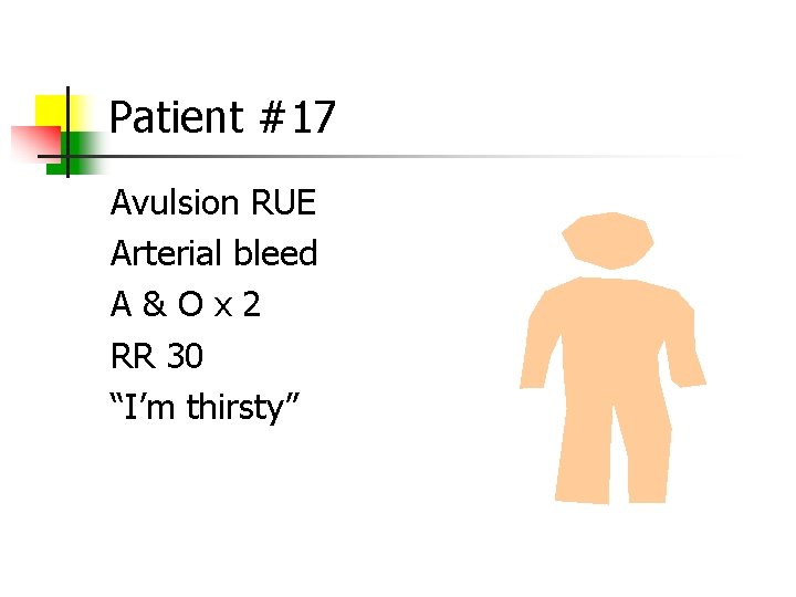 Patient #17 Avulsion RUE Arterial bleed A&Ox 2 RR 30 “I’m thirsty” 