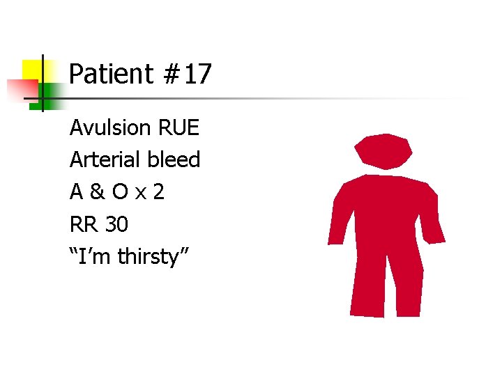 Patient #17 Avulsion RUE Arterial bleed A&Ox 2 RR 30 “I’m thirsty” 