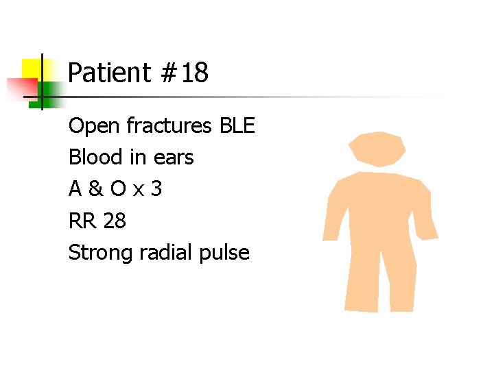 Patient #18 Open fractures BLE Blood in ears A&Ox 3 RR 28 Strong radial