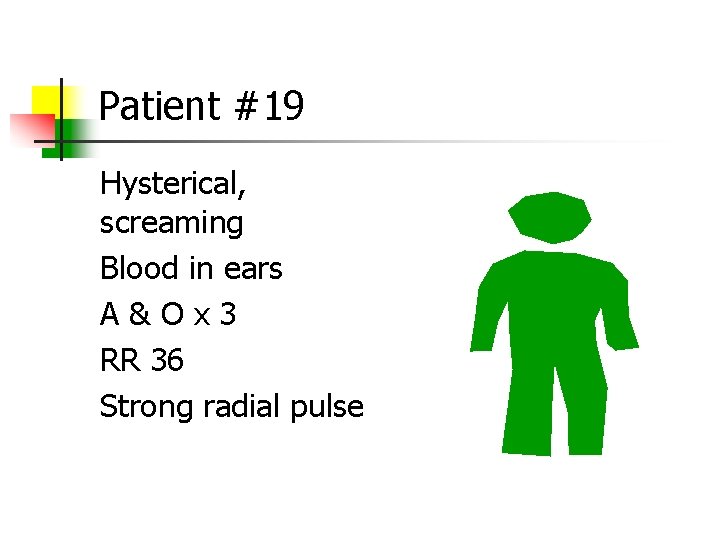 Patient #19 Hysterical, screaming Blood in ears A&Ox 3 RR 36 Strong radial pulse