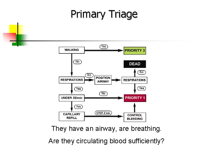 Primary Triage They have an airway, are breathing. Are they circulating blood sufficiently? 