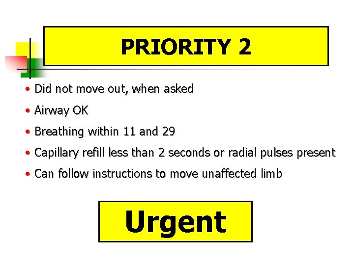 PRIORITY 2 • Did not move out, when asked • Airway OK • Breathing