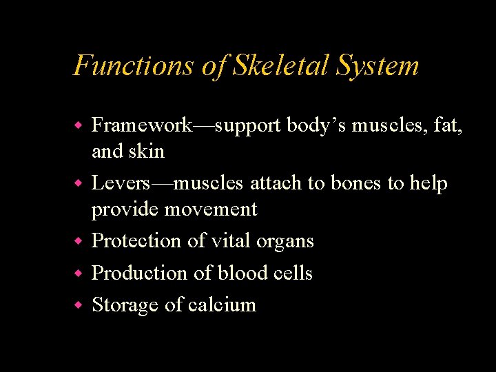 Functions of Skeletal System w w w Framework—support body’s muscles, fat, and skin Levers—muscles