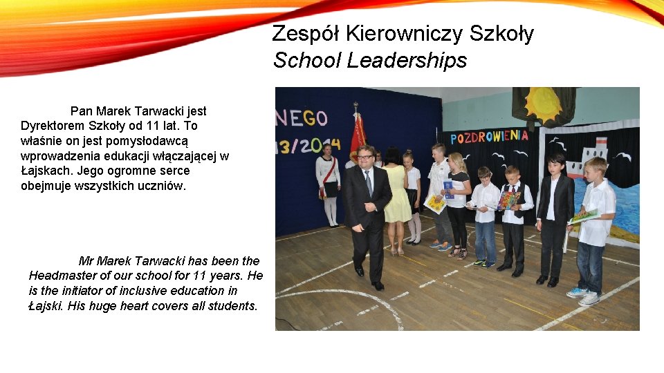 Zespół Kierowniczy Szkoły School Leaderships Pan Marek Tarwacki jest Dyrektorem Szkoły od 11 lat.
