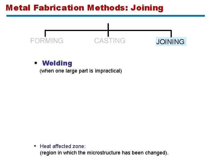 Metal Fabrication Methods: Joining JOINING • Welding (when one large part is impractical) •