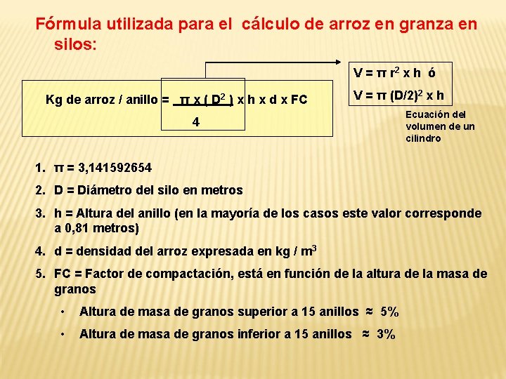Fórmula utilizada para el cálculo de arroz en granza en silos: V = π