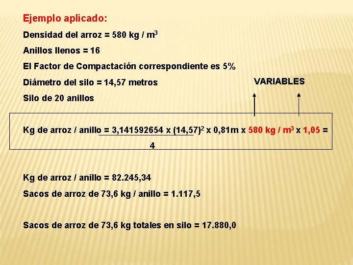 Ejemplo aplicado: Densidad del arroz = 580 kg / m 3 Anillos llenos =