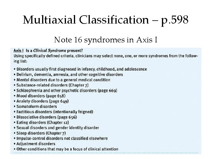 Multiaxial Classification – p. 598 Note 16 syndromes in Axis I 