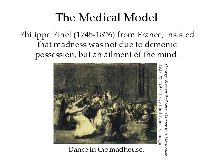 The Medical Model Philippe Pinel (1745 -1826) from France, insisted that madness was not