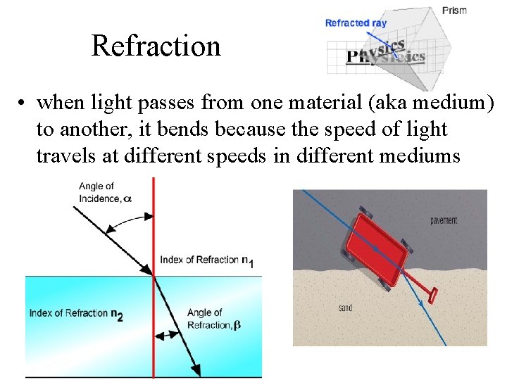 Refraction • when light passes from one material (aka medium) to another, it bends