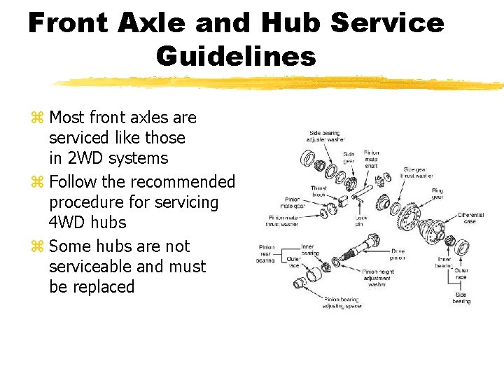 Front Axle and Hub Service Guidelines z Most front axles are serviced like those Front Axle and Hub Service Guidelines z Most front axles are serviced like those
