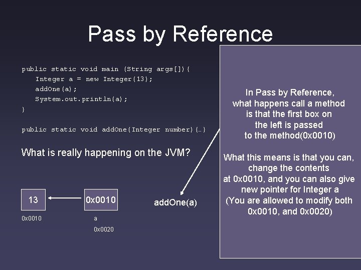 Pass by Reference public static void main (String args[]){ Integer a = new Integer(13);