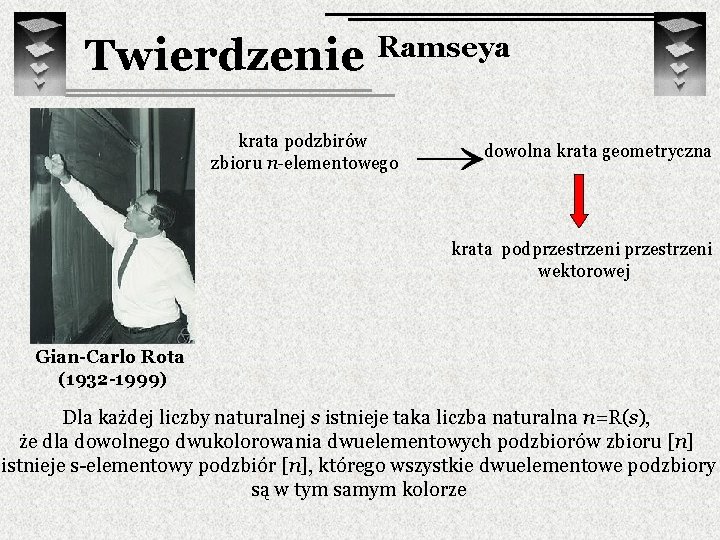 Twierdzenie Ramseya krata podzbirów zbioru n-elementowego dowolna krata geometryczna krata podprzestrzeni wektorowej Gian-Carlo Rota