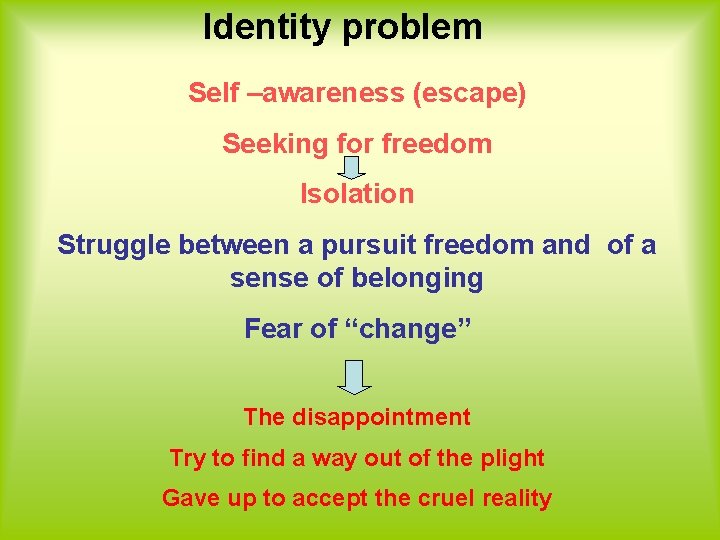 Identity problem Self –awareness (escape) Seeking for freedom Isolation Struggle between a pursuit freedom Identity problem Self –awareness (escape) Seeking for freedom Isolation Struggle between a pursuit freedom