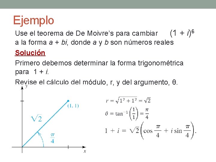 Ejemplo Use el teorema de De Moivre’s para cambiar (1 + i)6 a la