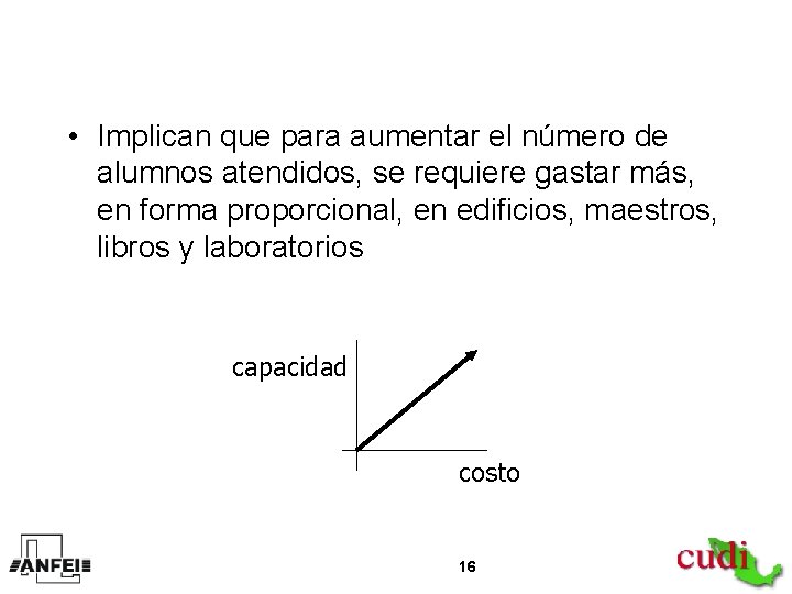  • Implican que para aumentar el número de alumnos atendidos, se requiere gastar