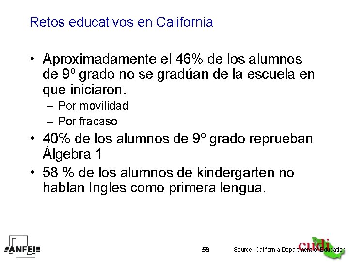 Retos educativos en California • Aproximadamente el 46% de los alumnos de 9º grado