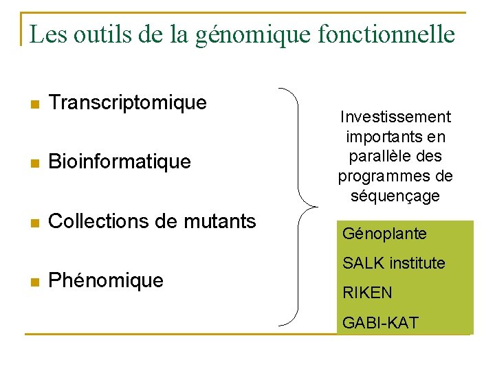 Les outils de la génomique fonctionnelle n Transcriptomique n Bioinformatique n Collections de mutants