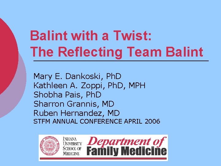 Balint with a Twist: The Reflecting Team Balint Mary E. Dankoski, Ph. D Kathleen