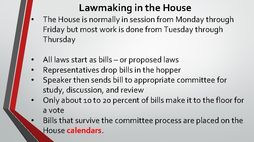 Lawmaking in the House • The House is normally in session from Monday through