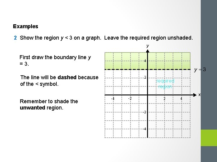 Examples 2 Show the region y < 3 on a graph. Leave the required