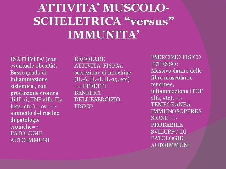 ATTIVITA’ MUSCOLOSCHELETRICA “versus” IMMUNITA’ INATTIVITA’ (con eventuale obesità): Basso grado di infiammazione sistemica ,