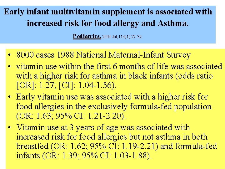 Early infant multivitamin supplement is associated with increased risk for food allergy and Asthma.