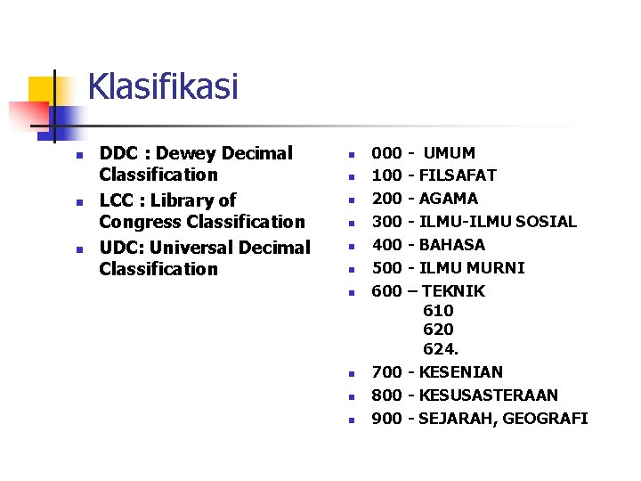 Klasifikasi n n n DDC : Dewey Decimal Classification LCC : Library of Congress