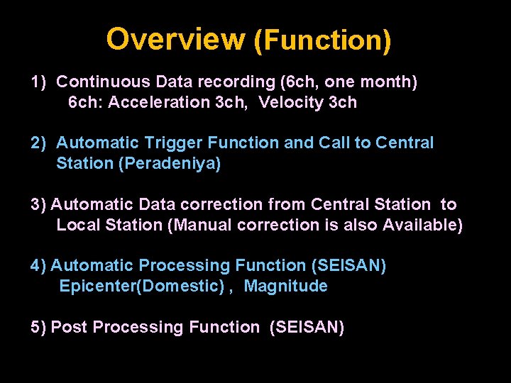 Overview (Function) 1) Continuous Data recording (6 ch, one month) 6 ch: Acceleration 3