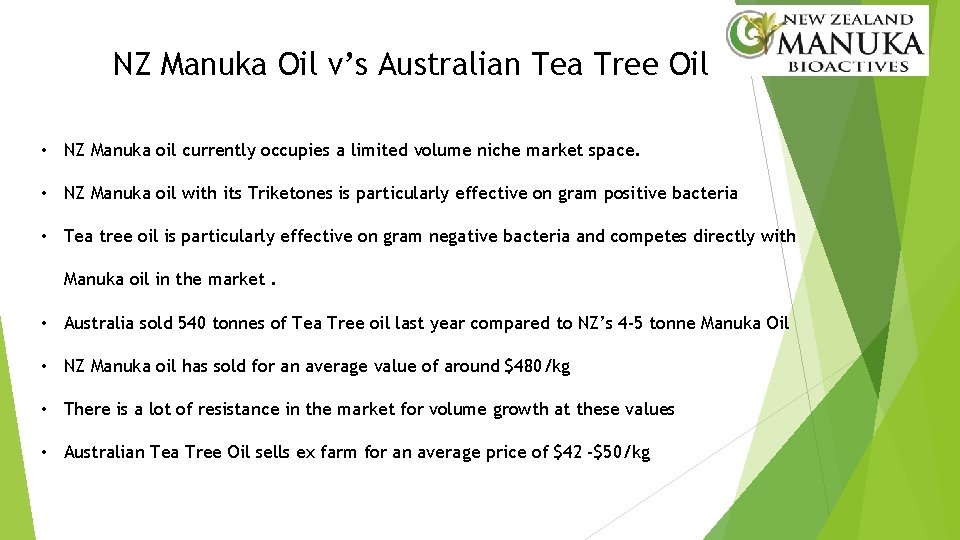 NZ Manuka Oil v’s Australian Tea Tree Oil • NZ Manuka oil currently occupies