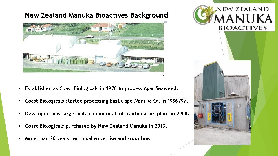 New Zealand Manuka Bioactives Background • Established as Coast Biologicals in 1978 to process