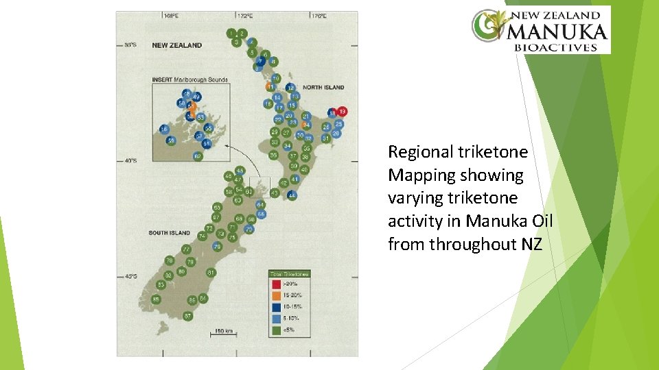 Regional triketone Mapping showing varying triketone activity in Manuka Oil from throughout NZ 