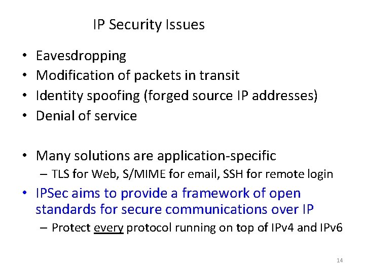 IP Security Issues • • Eavesdropping Modification of packets in transit Identity spoofing (forged