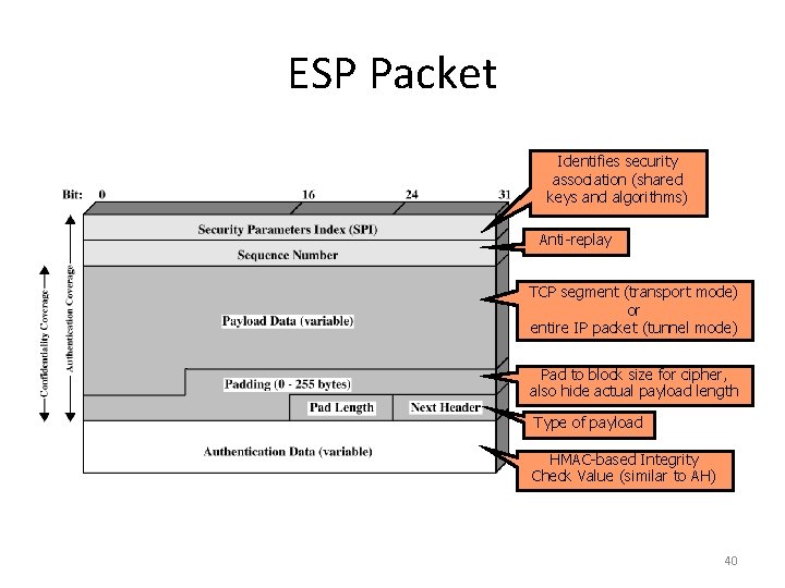 ESP Packet Identifies security association (shared keys and algorithms) Anti-replay TCP segment (transport mode)