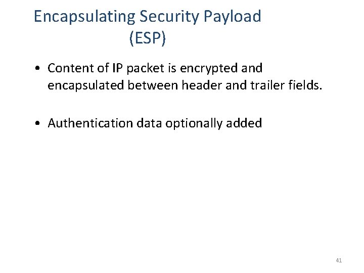 Encapsulating Security Payload (ESP) • Content of IP packet is encrypted and encapsulated between