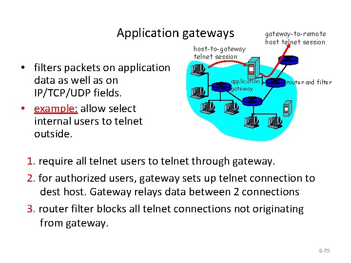 Application gateways • filters packets on application data as well as on IP/TCP/UDP fields.